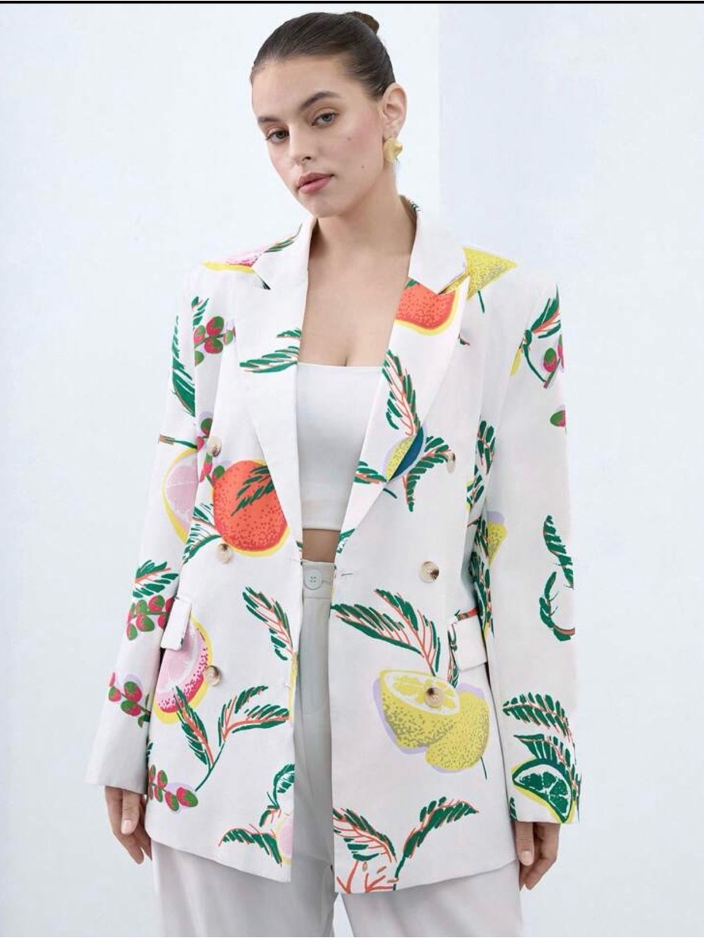 White Tropical Fruit Print Blazer